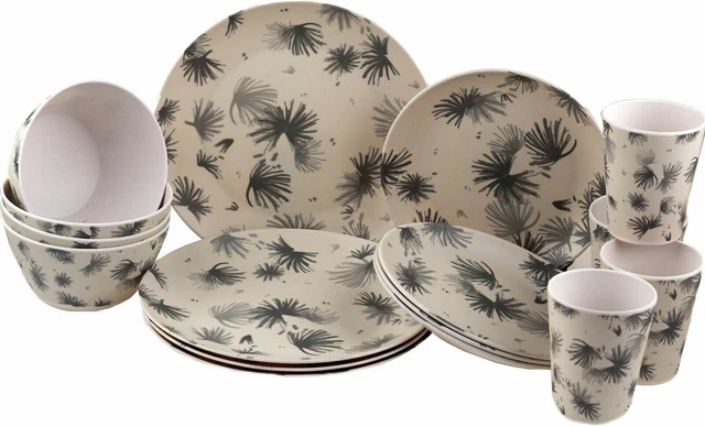 16Pc Melamine Dinner Set Plate Bowl Mug Picnic Camping Party Crockery Grey Daisy