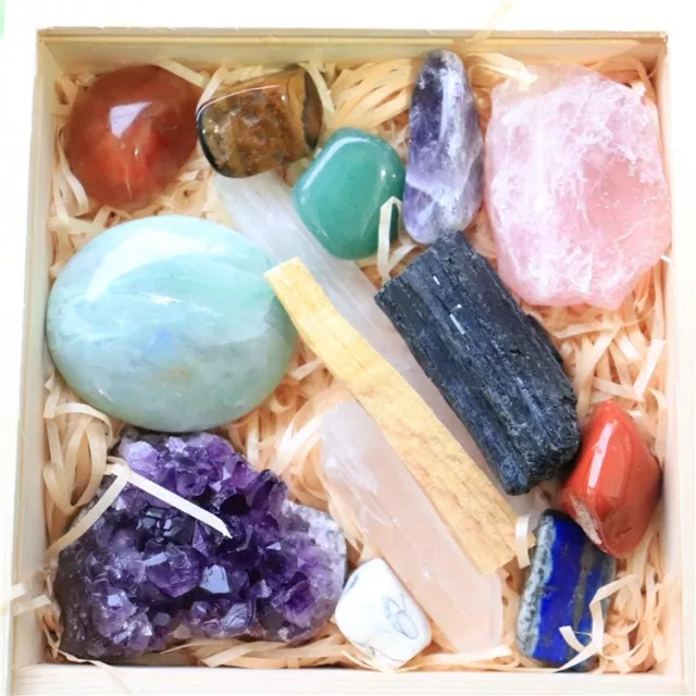 Luxury 14 Piece Healing Crystal Stones in Wooden Box Gift Set. Chakra Crystals.