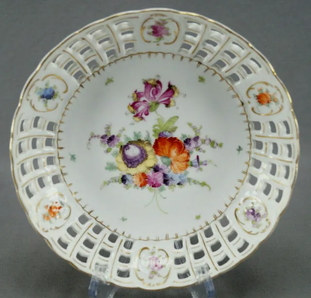 Wolfsohn Dresden Hand Painted Floral & Gold Reticulated Bowl Circa 1886 - 1891