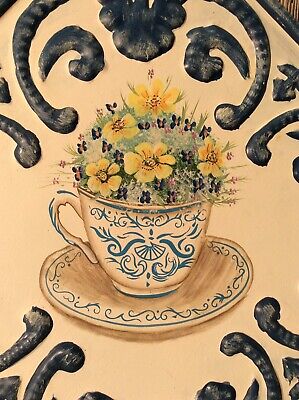 Vintage Look Hand Painted Coffee Cup Flowers Theme Embossed Tin Ceiling Tile J93 3