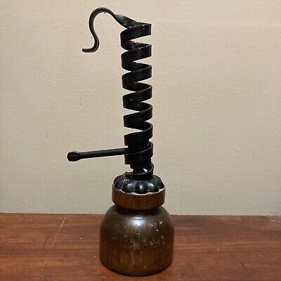 Antique French "Rat De Cave" candlestick holder, WOOD base, 8.5” coiled IRON