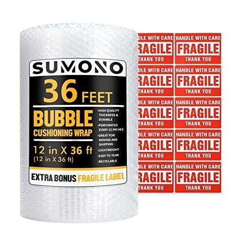 Bubble Cushioning Wrap Roll,  12 Inch x 36 Feet Total Bubble Roll Perforated
