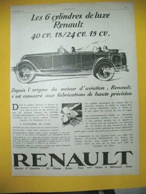 Publicite De Presse Renault Automobile 6 Cylindres De Luxe Cabriolet 1927