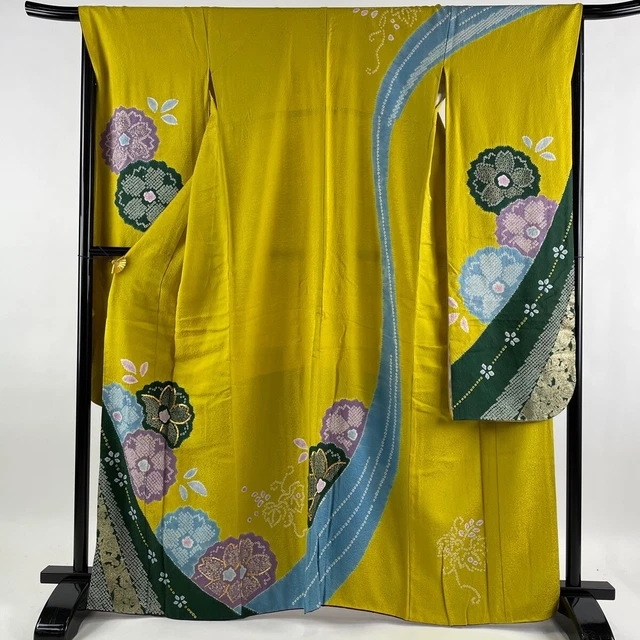 Japanese Silk Kimono Vintage Furisode Long Sleeves Gold Shibori Green 64" Sakura
