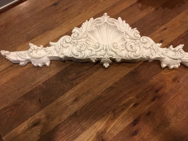 Huge! 36” Vtg Paint Carved Wood Composite  Pediment-Ornate Shell Scrollwork #2
