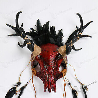Animal Creature Face Skull Antelope Deer Horn Halloween Costume Mask w/ Feather