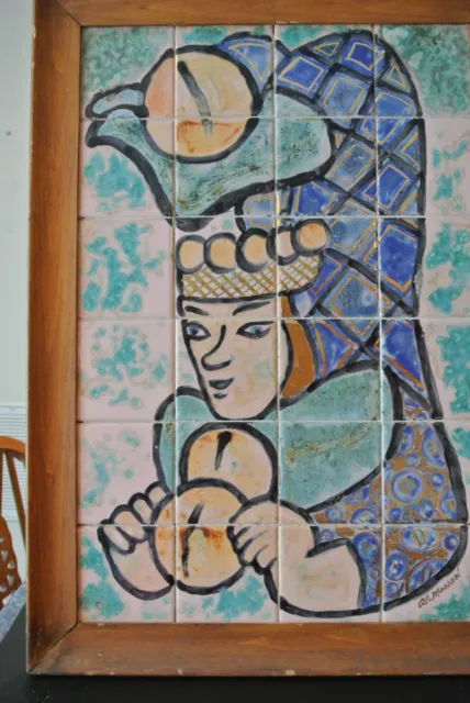Antique Mosaic Handmade Art Tile Wall Stone Mural of a Court Jester Signed