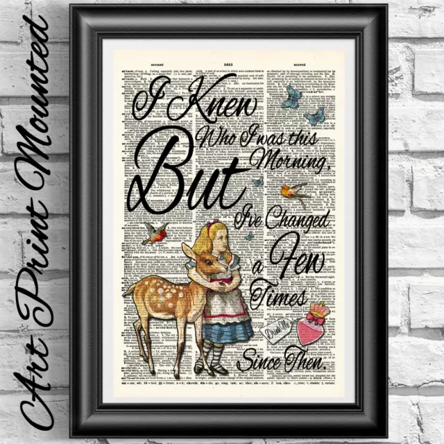 ALICE IN WONDERLAND Art Print on Antique Dictionary Book Page Quote Fawn Picture