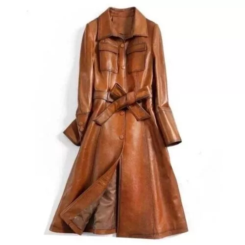 New Women's Brown Vintage Italian Stylish Real Leather Trench Coat XS to 5XL