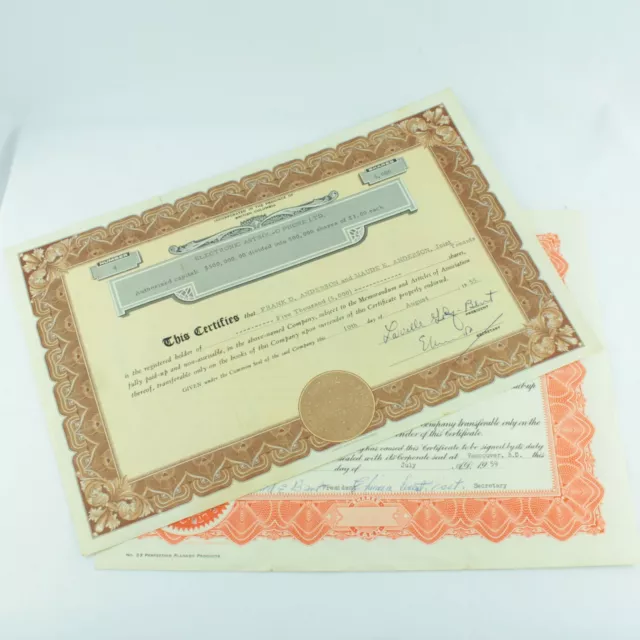 STOCK CERTIFICATE - ELECTRONIC ASTROL-O-PHONE-2 ea.'55 & '59 - BRITISH COLUMBIA