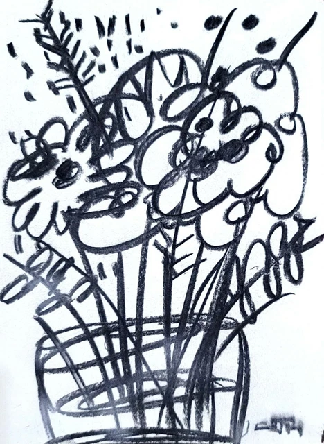 Expressionist Sketch Contemporary Wild Floral Collectible Heavy Pressed Paper