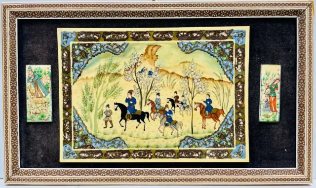 Vintage Persian Camel Bone Painting 3-Panel Scenes Katam Marquetry Mosaic Frame