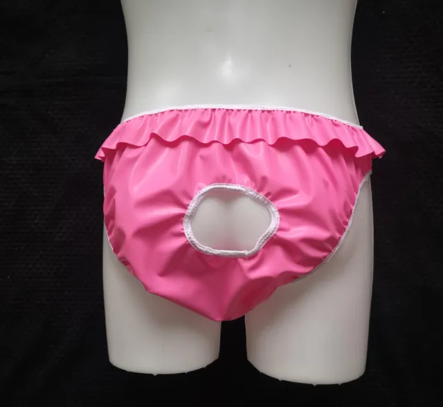 Pink Latex Open Crotch Bare Bum Briefs Pants Panties Rubber Sissy Underwear Slip