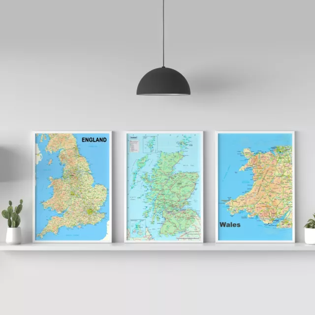 Map Of England, Wales, Scotland  Wall Art Travel Poster Print - A5 A4 A3 A2 A1
