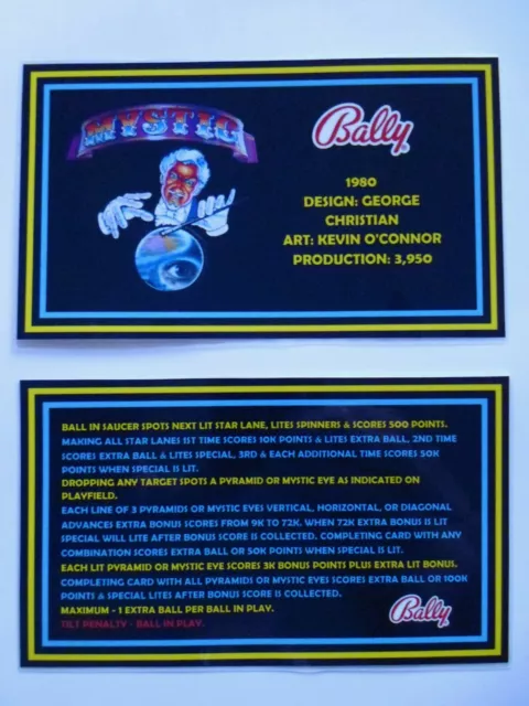 * * 'MYSTIC' Bally 1980 Custom  Instruction/Apron Cards * * (New)