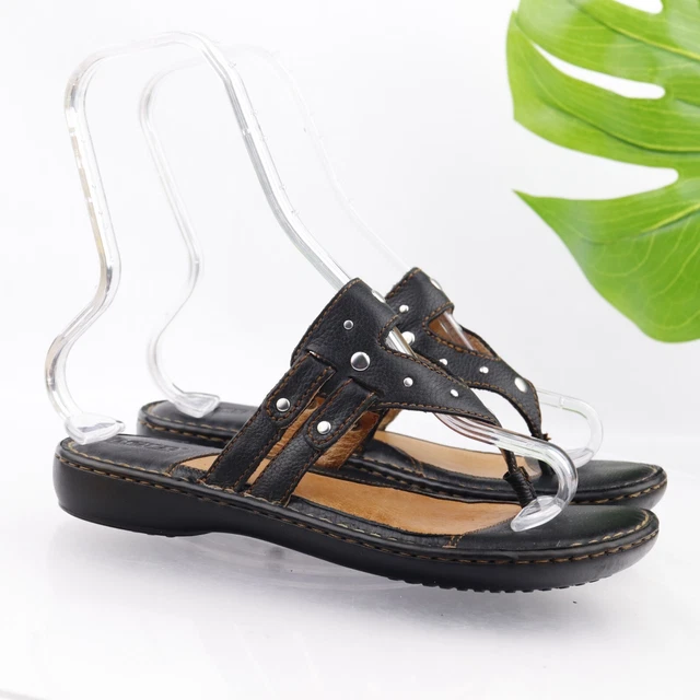Born Women's Sandal Size 9 Flat Thong Slide Black Leather Studded Opanka Comfy