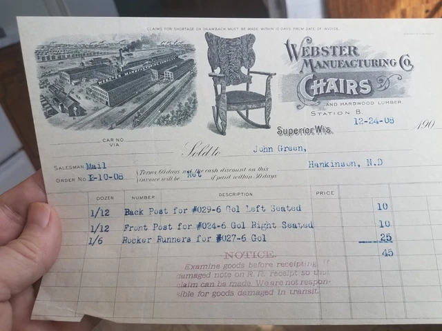 1908 Webster Mfg Co. WI Ephemera Letterhead Bill Receipt Hankinson North Dakota