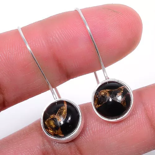 Gift For Her 925 Sterling Silver Natural Copper Black Turquoise Earrings 1.37"