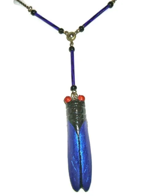 COBALT BLUE LUCKY CICADA Necklace Egyptian Revival Pendant Vintage Style