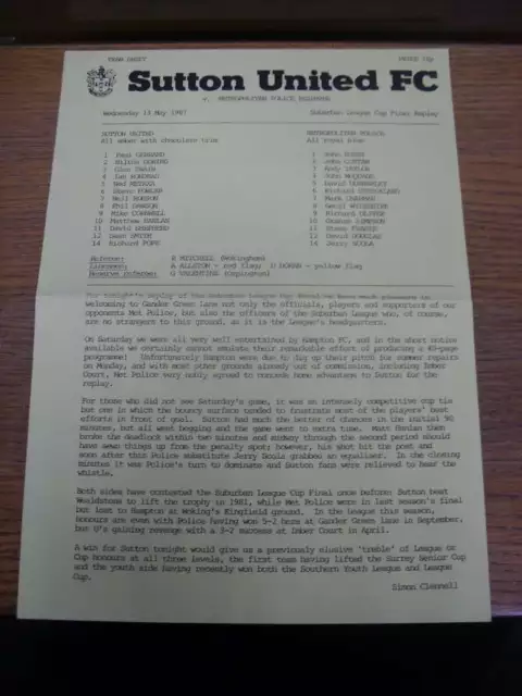 13/05/1987 Suburban League Cup Final Replay: Sutton United Reserves v Metropolit