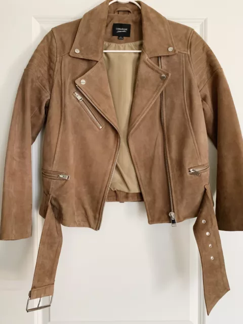 LAMARQUE Brown Suede Leather Moto Jacket in Size S