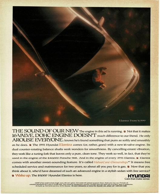 1993 HYUNDAI Elantra cat on hood of car Vintage Print Ad