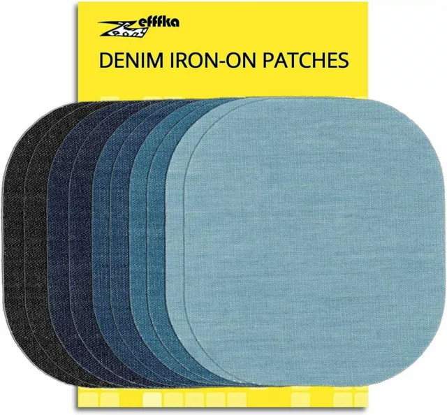 ZEFFFKA Premium Quality Denim Iron-on Jean Patches Inside & Outside  Strongest Glue 100% Cotton Assorted Shades of Blue Repair Decorating Kit 12  Pieces Size 3 b…