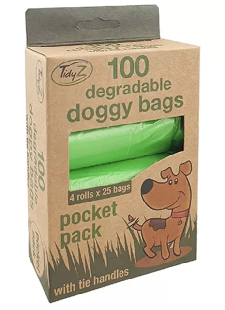 Tidyz Green 100 Pack Degradable Dog Poo Bags Strong Tie Handles (4xRolls of 25)