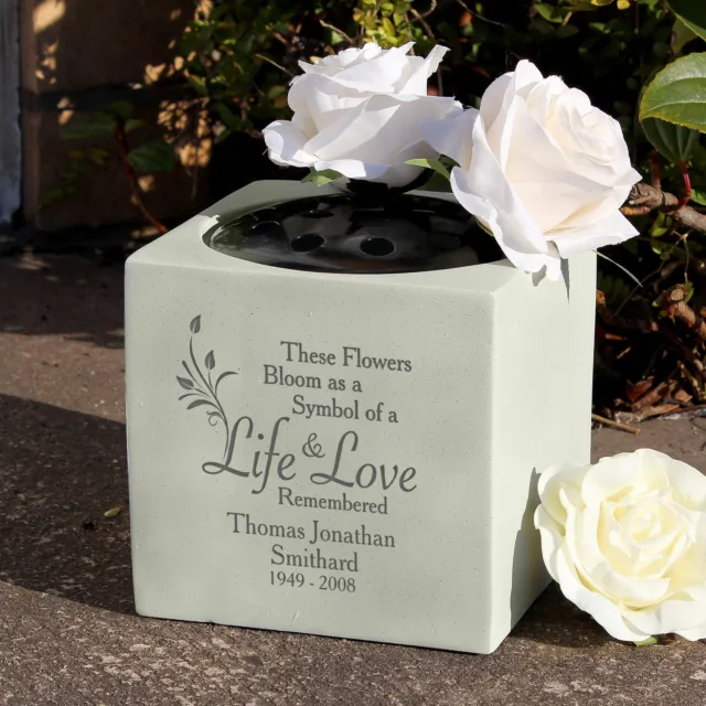 Personalised Life & Love Graveside Flower Vase, Memorial Ornament Plaque Tribute