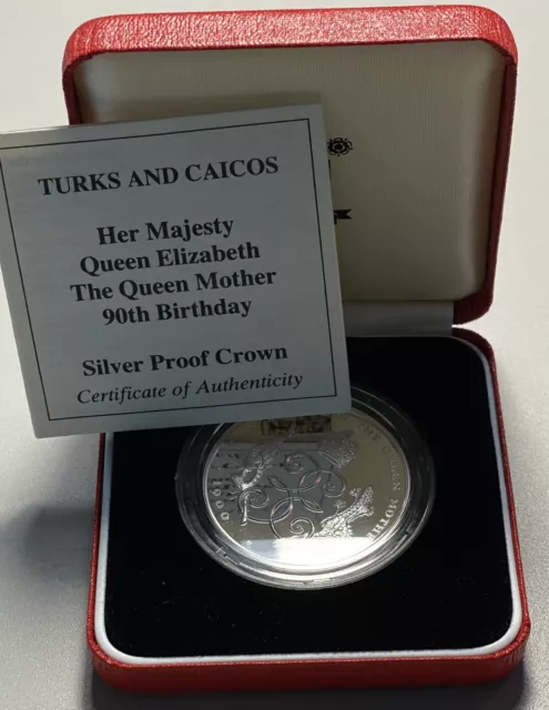 1990 Turks and Caicos Proof Silver Crown Red Box and COA Royal Mint