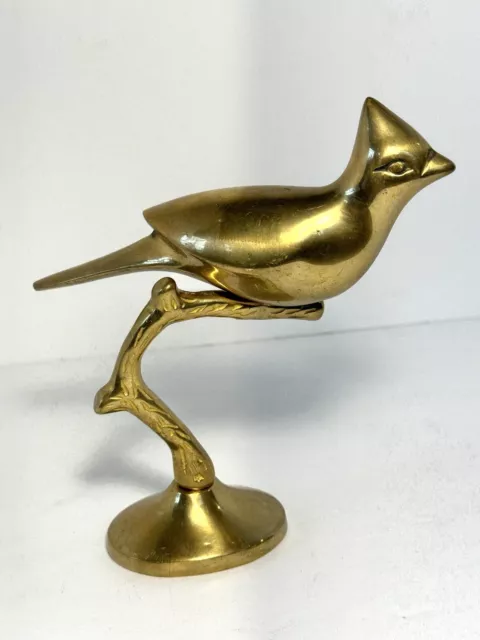 Vintage MCM Solid Brass Figurine Sculpture Red Bird Cardinal Sitting on Branch