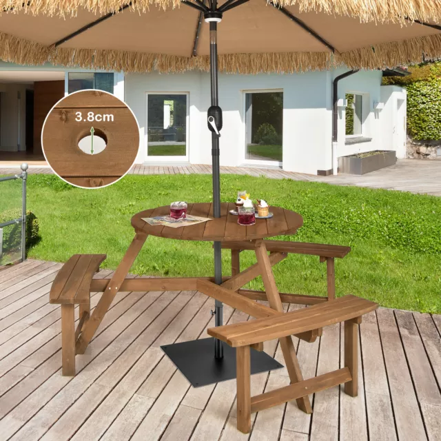 6-person Round Wooden Picnic Table Outdoor Dining Table Bench with Umbrella Hole