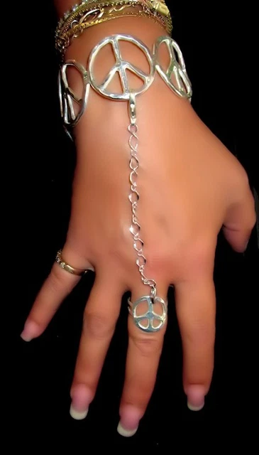 Peace Hand Bracelet Peace Ring Detatchable Chain Silver sp Made in USA
