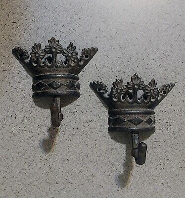 Set of 2 Antique Style Cast Iron Floral Basket Crowns Wall Mount Hooks Plaques