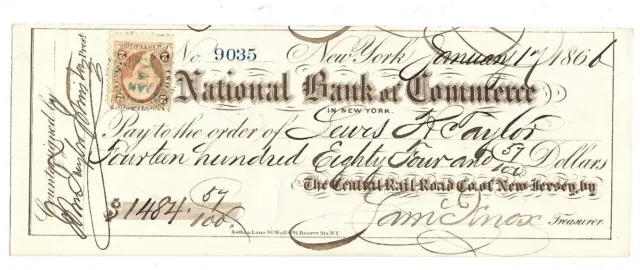 Vintage 1866 Civil War Era National Bank Check & Stamp New York Central Railroad