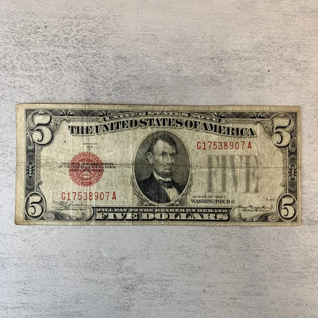 Vintage 1928C Series $5 Note Silver Certificate Five Dollar Bill Red Seal Fair