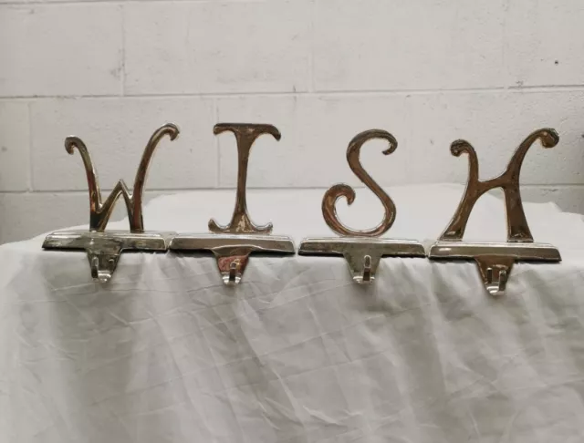 Pottery Barn Silver Plated Stocking Holders Mantle Shelf Hook Letters WISH 5”