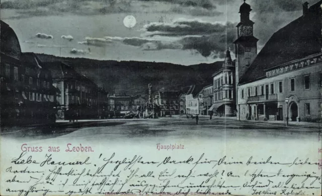 AK 1897 -Gruss aus LEOBEN- der HAUPTPLATZ im Mondschein