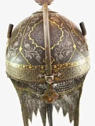 Antique 19th Islamic Indo-Persian Khula Khud Helmet Chiseled Gold w/ Mail, Spike