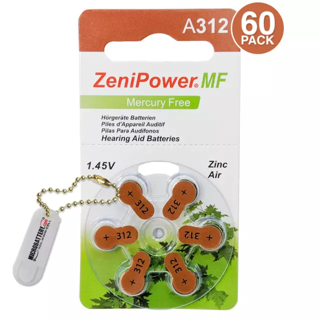 60 ZeniPower Hearing Aid Batteries Size 312 + Free Keychain/2 Extra Batteries