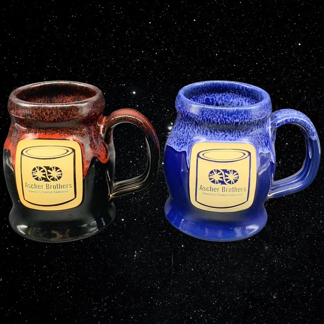 Set of 2 Deneen Pottery Drip Glaze Ascher Brothers 2013 Coffee Mugs 4”T 4.5”W