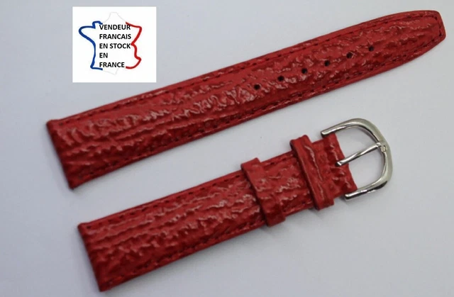 Bracelet De Montre En Cuir De Requin Véritable Rouge - Largeur 18 Mm, Doublure Cuir, Plat, Référence Br-requin-rouge-p-18