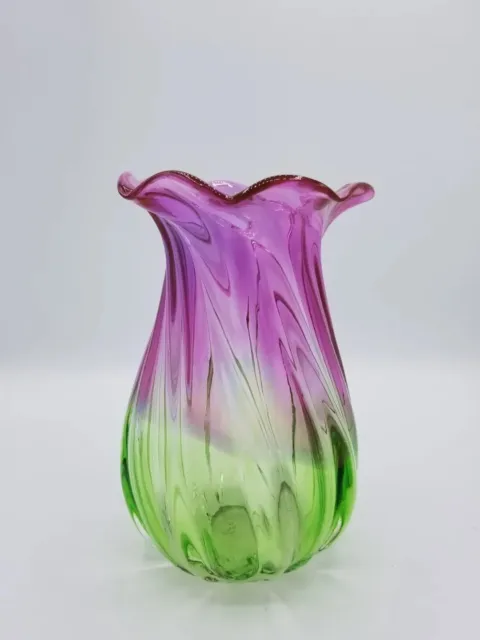 Vintage Hand Blown Teleflora Watermelon Pink Green Ombre Swirl Glass Ruffle Vase