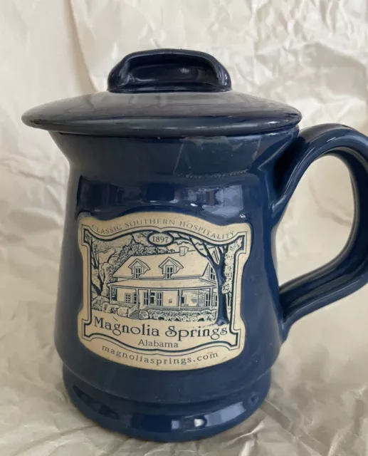 Collectable Deneen Pottery Magnolia Springs, AL Souvenir Lidded Mug Blue