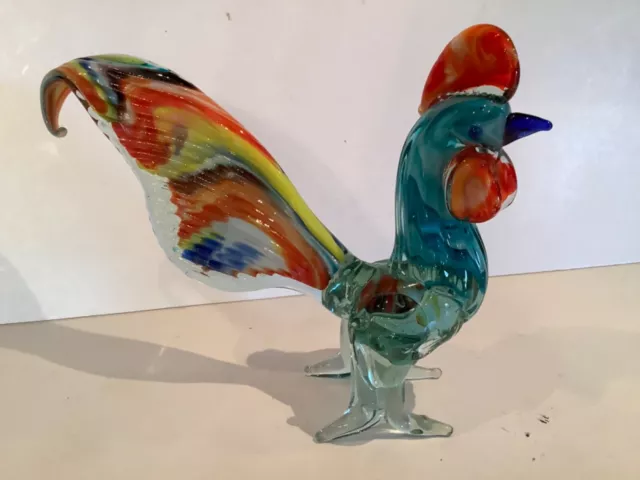 Vintage Art Glass Hand Blown Murano Style Rooster Chicken Rainbow Figurine 7x5”