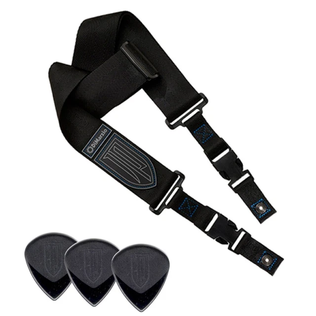 DiMarzio John Petrucci ClipLock Guitar Strap 2" Black Nylon / Blue, Dunlop Picks