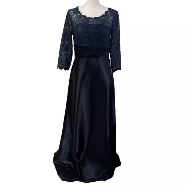 LAN TING BRIDE Mother of the Bride Navy Scoop Neck 3/4 Lace Sleeve Dress Size 6