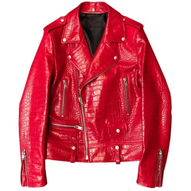 JE1579 Men's Red Croc Embossed Biker Leather Jacket, Men's Red Genuine Leather J