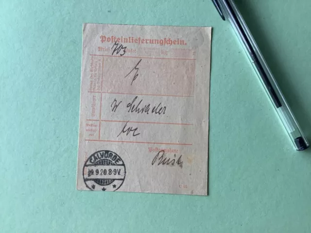 Germany Calvorde Braunschweig 1920 postal delivery note  Ref A1536