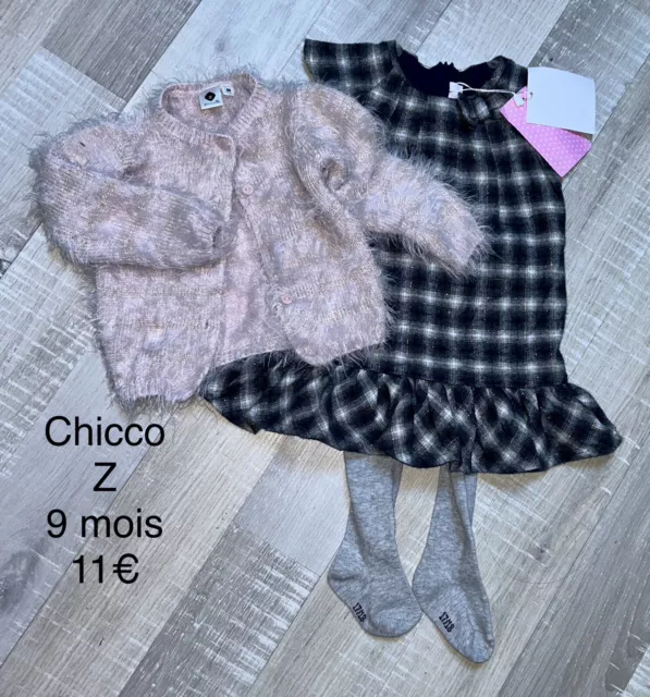 CHICCO Z 9 Mois Bébé Fille : Robe grise a carreaux + gilet rose et collants